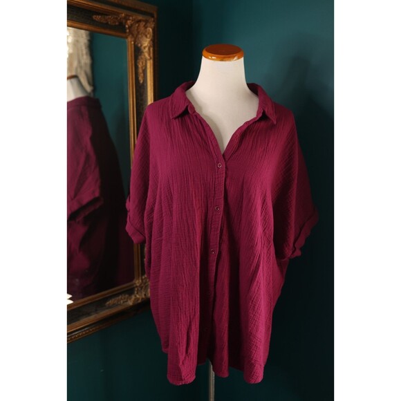 Pact Organic Coastal Boxy Gauze Oversized Shirt Sangria Beachy Lagenlook M/L - Picture 1 of 9